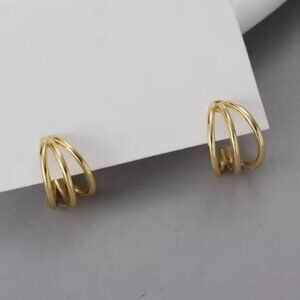 Gold Triple Loop Stud Earrings. 925 Sterling Silver. #1048